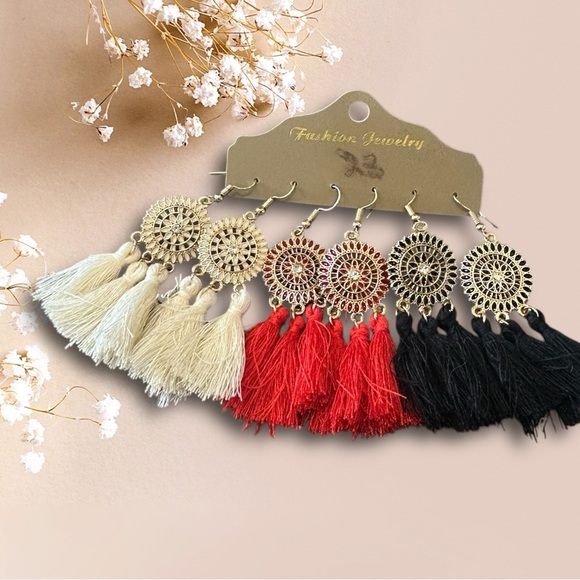 Set of 3 Tassel Earrings – Red, Ivory, and Black | Lightweight & Hypoallergenic - Picture 2 of 5